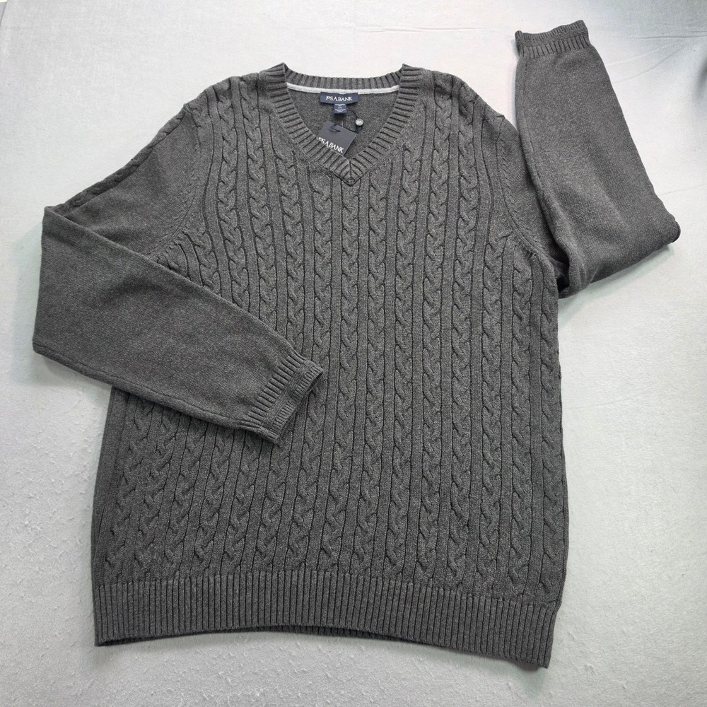 Jos A Bank Sweater Men XL NWT Gray Cable Knit V-Neck Cotton Tailored Fit J044244